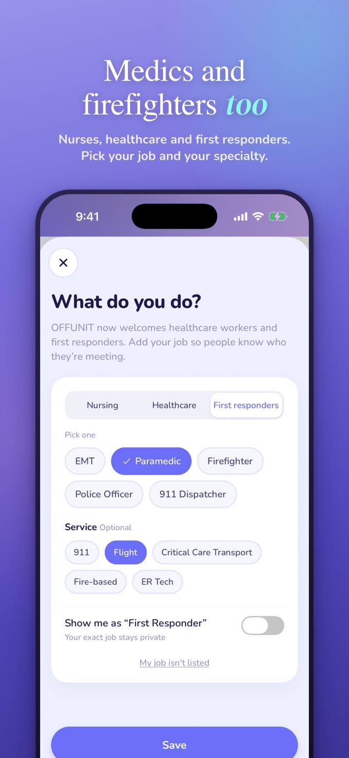 Medics and firefighters too. The job picker: Nursing, Healthcare and First responders, with Paramedic and Flight selected.