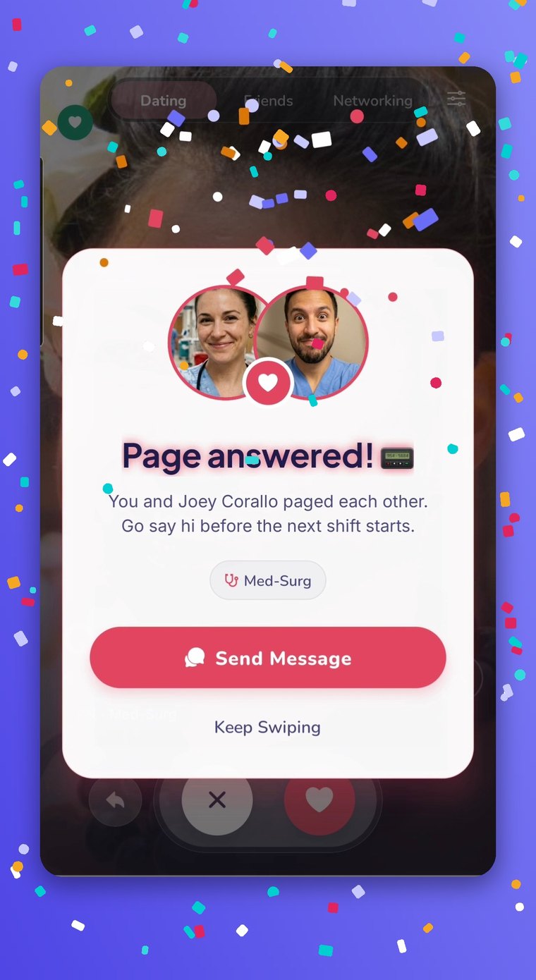 A mutual page turning into a match, with a Send Message button