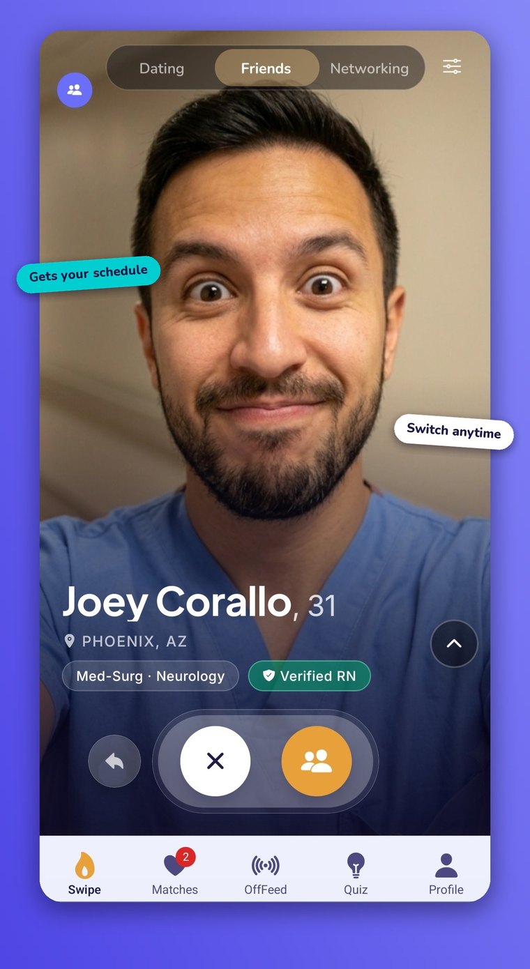 One profile switching between Dating, Friends and Networking modes