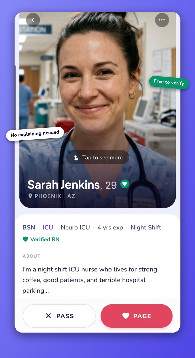 An OFFUNIT profile showing a verified RN badge, specialty and shift