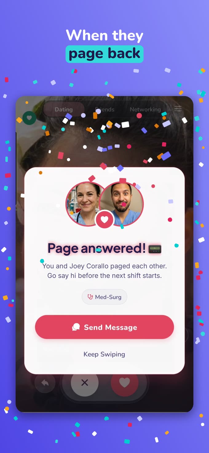 When they page back — a mutual page turning into a match, with a Send Message button.