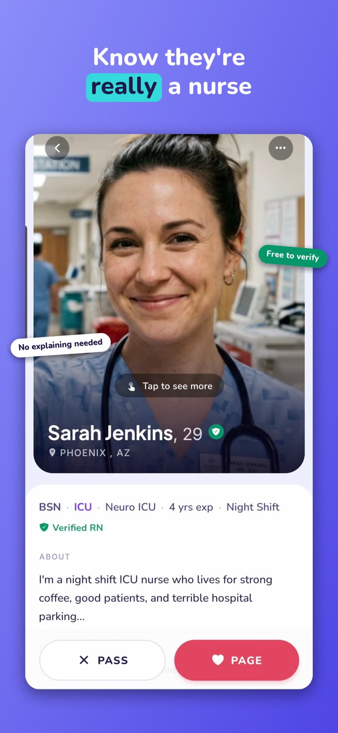 Know they're really a nurse — Sarah Jenkins' profile with a Verified RN badge, ICU specialty and night-shift tag.